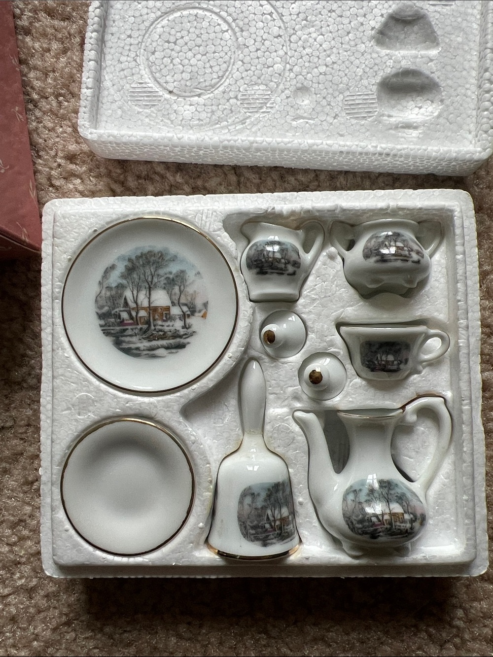 Avon currier and Ives Miniature Tea Set with Gold Trim and Scenic Decals